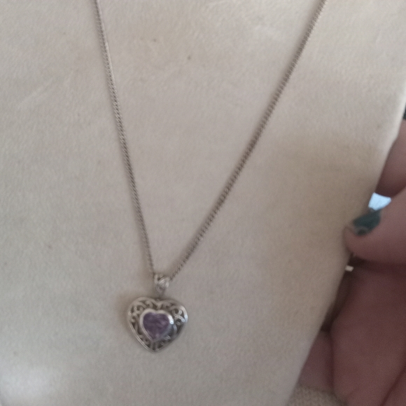 Amethyst Heart shape Sterling Silver necklace made in Italy .925  9 in drop - Picture 1 of 7